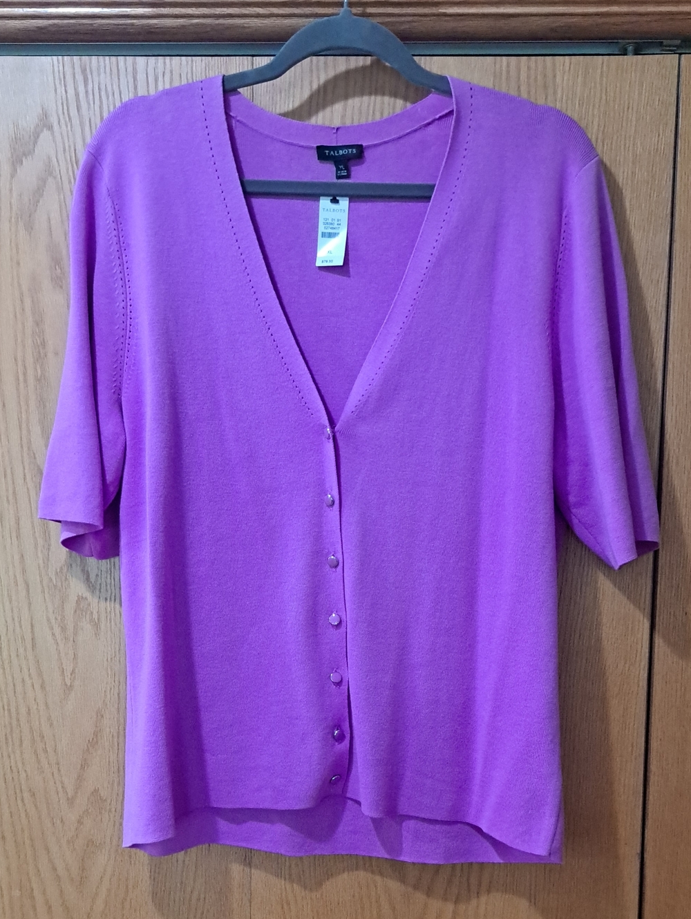 Talbots Short-Sleeve V-Neck Button Cardigan in Vibrant Purple